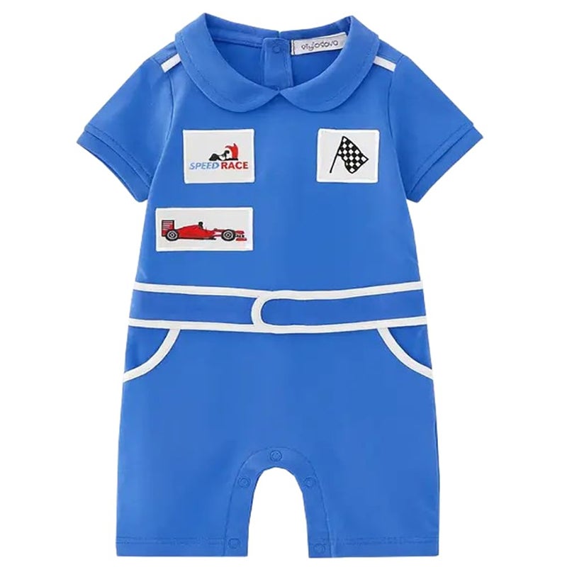 stylesilove Baby Boy Car Racer Romper - Cotton Short Sleeve Outfit for Birthday, Halloween, Toddler Clothes (Blue, 12-18 Months) - Image 1